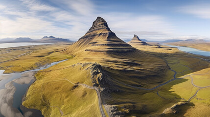 Wall Mural - drone shot from an island like kirkjufell. Generative AI