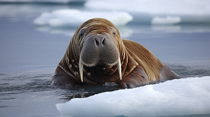 Wall Mural - a walrus swims in the water in the background are white ice floes. Generative AI