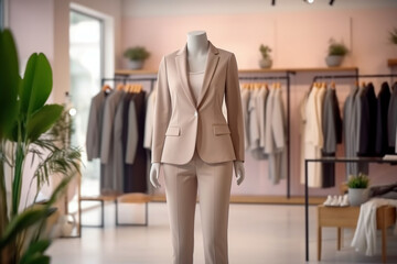 Wall Mural - Woman`s office suit in the clothing store. Super photo realistic background. Generative ai illustration.