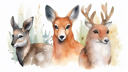 Poster - Safari Animal set Veado, raposa, esquilo em estilo aquarela. ilustração vetorial isolada