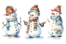Set Of Cute Snowman Character Painted In Watercolor On A White Isolated Background. Generative AI