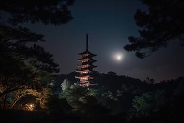 Wall Mural - nighttime view of distant pagoda, with serene sky and moon in the background, created with generative ai