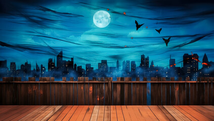 Wall Mural - Moonlit wood and city scene Halloween background, in the style of light black and sky-blue.