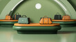 © ADDICTIVE STOCK - Generative AI illustration of orange and green bags with handles placed on oval smooth platforms in boutique shop against green wall