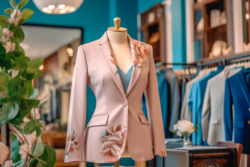 Wall Mural - Woman`s office suit in the clothing store. Super photo realistic background. Generative ai illustration.