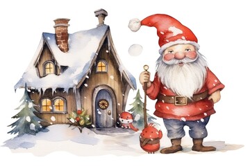 Little House and Gnome with Christmas ornaments painted in watercolor on a white isolated background. Generative AI