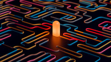 Generative AI Abstract Illustration Of Colorful Neon Circuit With Glowing Orange Lamp On Black Surface
