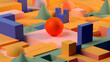 © ADDICTIVE STOCK - Generative AI abstract illustration of wooden colorful geometrical forms and shapes with cubes and spheres on different levels