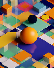 Generative AI Abstract Illustration From Above Of Metallic Colorful Geometrical Forms And Shapes With Cubes And Spheres On Colorful Surface
