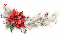 Fir Tree Twigs And Poinsettia Flowers Edges On Simple Background With Copy Space. Generative Ai