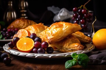 Wall Mural - flaky puff pastry and fruit turnovers on plate, created with generative ai