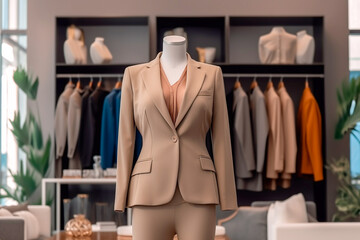 Wall Mural - Woman`s office suit in the clothing store. Super photo realistic background. Generative ai illustration.