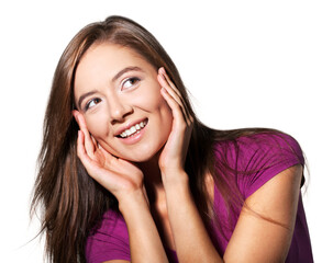 Wall Mural - Close-up portrait of young woman  isolated on white background