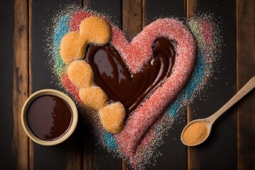 Wall Mural - heart-shaped churros with chocolate dipping sauce and sprinkles, created with generative ai