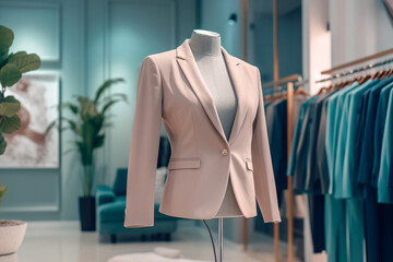 Wall Mural - Woman`s office suit in the clothing store. Super photo realistic background. Generative ai illustration.