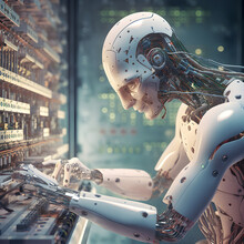 A Robot Sitting In Front Of A Computer, In The Style Of Futuristic Victorian, Human Connections, Hyper-realistic Atmospheres, Made Of All Of The Above, Calculated, Recycled, Tilt Shift.