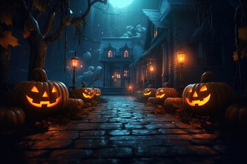 Wall Mural - Glowing pumpkins against the backdrop of a spooky forest with a house .Cemetery.Halloween party with pumpkins. Halloween night in fantasy style.Generative AI