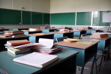 Wall Mural - close-up of empty classroom with books, paper and pencils on the desks, created with generative ai