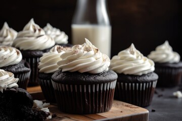 Wall Mural - stack of decadent chocolate cupcakes with fluffy vanilla frosting, created with generative ai