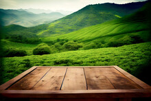 Empty Wooden Table Top With View Of Tea Plantation And Mountain. Nature With Bokeh Background For Product Placement Or Montage With Focus To The Table Top. Generative Ai.