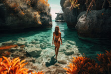 Generative AI Illustration Of Back View Of Young Woman In Swimsuit Walking On Stony Coast Near Sea With Coral Reefs And Enjoying Sightseeing