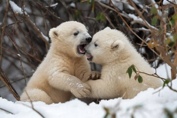 Wall Mural - two polar bear cubs wrestle and tumble in the snow, their claws and teeth bared, created with generative ai