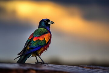 Sticker - colorful bird with dramatic sky in the background, created with generative ai