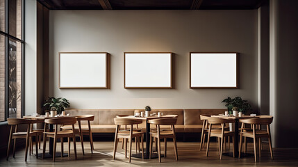 Modern scandinavian style cafe interior with three big picture frame mockups. AI generative