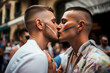© ADDICTIVE STOCK - Generative AI illustration of young gay kissing transgender person with eyes closed while standing in sunlight with blurred people