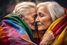 Generative AI Illustration Of Senior Positive Lesbian Couple Embracing And Touching Faces While Standing With LGBT Flag Wrapped Around