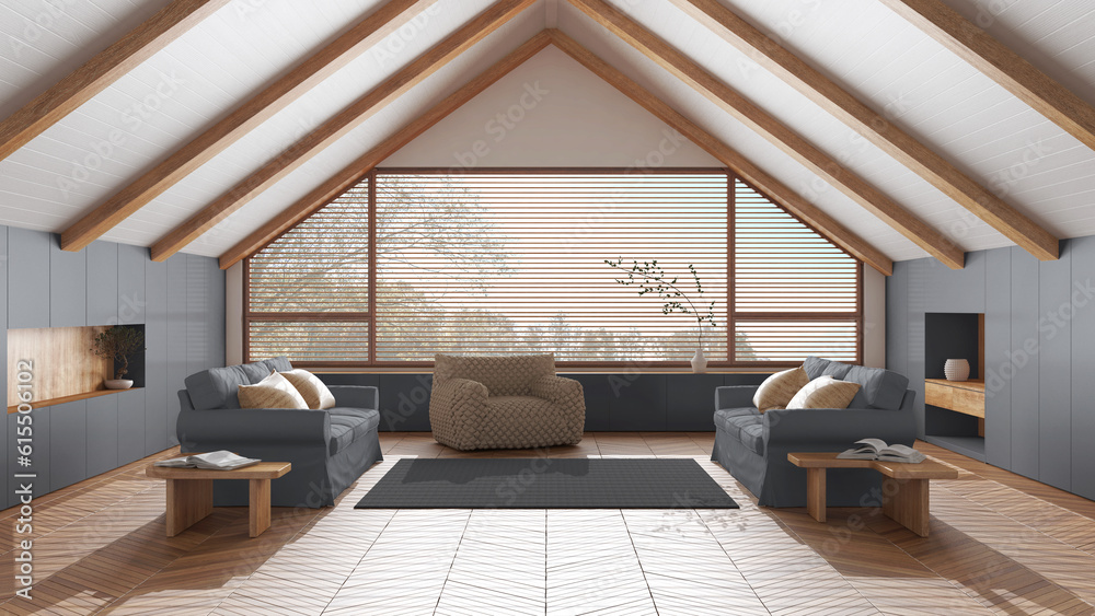 Curated visual reference: Penthouse Interior Design Minimal Living Room With Sloping Wooden Photo Inspiration