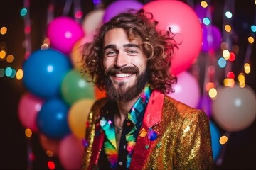 Wall Mural - Portrait of a handsome young man with curly hair in a bright sequin jacket on the background of colorful balloons.