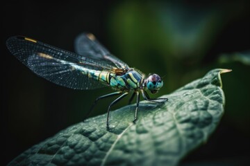 Wall Mural - macro shot of dragonfly resting on leaf, created with generative ai