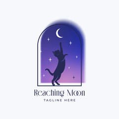 Blurry y2k aura style absttract vector logo template. Black cat silhouette on the night arch window reaching for the moon in the sky with stars background Isolated