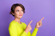 Photo of young girl wear top look interested recommend her new job workshop direct fingers look mockup isolated on purple color background