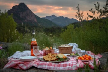 Wall Mural - picnic with view of towering mountains, with plate and glassware on blanket, created with generative ai