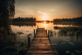 Fototapeta Pomosty - Tranquil morning landscape with peaceful reflection, vibrant sky, and diverse trees.