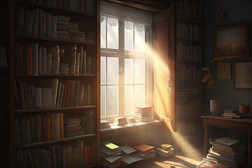 Wall Mural - a bookcase filled with books, and sunlight streaming in through the window, created with generative ai