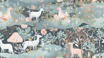 Canvas Print - Seamless pattern background inspired by the whimsical and enchanting world of fairy tales with pale tones flowers and forest animal