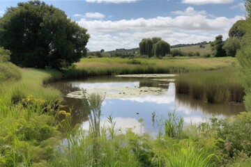 Poster - a serene pond surrounded by lush greenery and birdsong, with agricultural runoff visible in the distance, created with generative ai