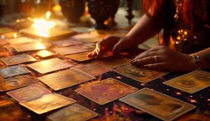 Tarot reader picking tarot cards. Fortune teller reading cards. Tarot cards face down on table near burning candles and crystal ball.Candlelight in dark.Tarot reader or Fortune teller reading and 