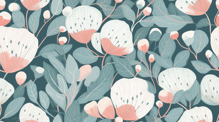 Canvas Print - Seamless pattern background inspired by nature and botanical motifs with delicate flowers, leaves, and vines in soft pastel tones