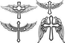 Set Of The Vector Cross And Wings.  Tattoo  Design Elements.
