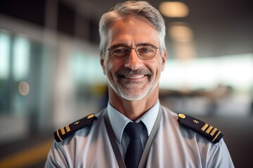 Wall Mural - Portrait of mature pilot in uniform smiling at camera while standing in airport