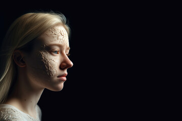 Dermatology cosmetics image of a beautiful teenage girl face with cracked dry skin in need for moisture cream, copy space on black background