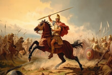 Illustration Of Alexander The Great Riding Horseback, Wielding A Sword Mid-battle. Medieval Warfare Artwork Of An Ancient Greek King And Warrior Leading His Military Troops In Battle