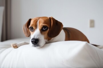 Wall Mural - portrait of happy dog resting on top of comfy pillow, with peaceful gaze, created with generative ai