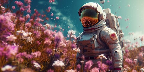 An astronaut standing in a field of blooming flowers, concept of Exploration of nature, created with Generative AI technology