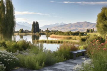 Wall Mural - serene landscape, with views of mountains and lakes, in the distance, created with generative ai