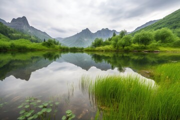 Wall Mural - a tranquil lake surrounded by lush greenery and towering mountains in the distance, created with generative ai